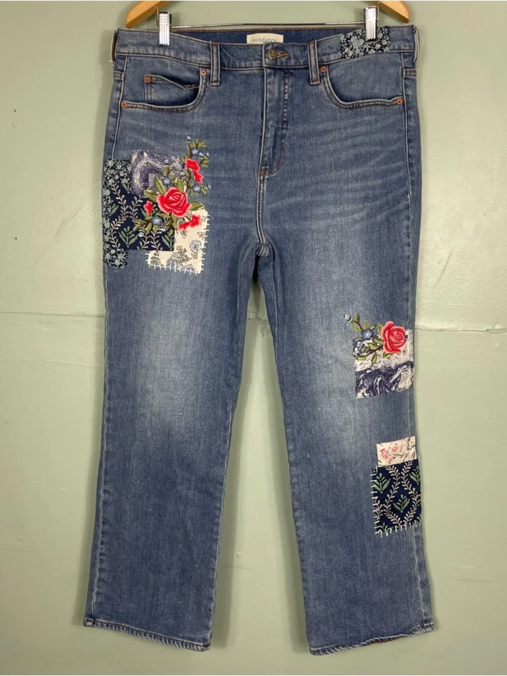 Sundance Embroidered Jeans Patch Work Floral Women Sz 31 Blue Straight Leg - Picture 2 of 10